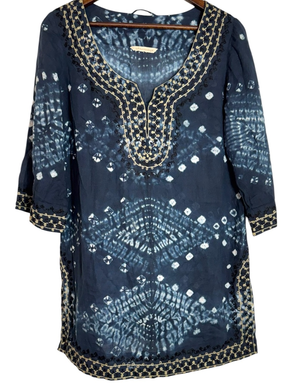 Soft Surroundings Blue Antiqua Tie Dye Tunic Blouse Embroidered Metallic Medium